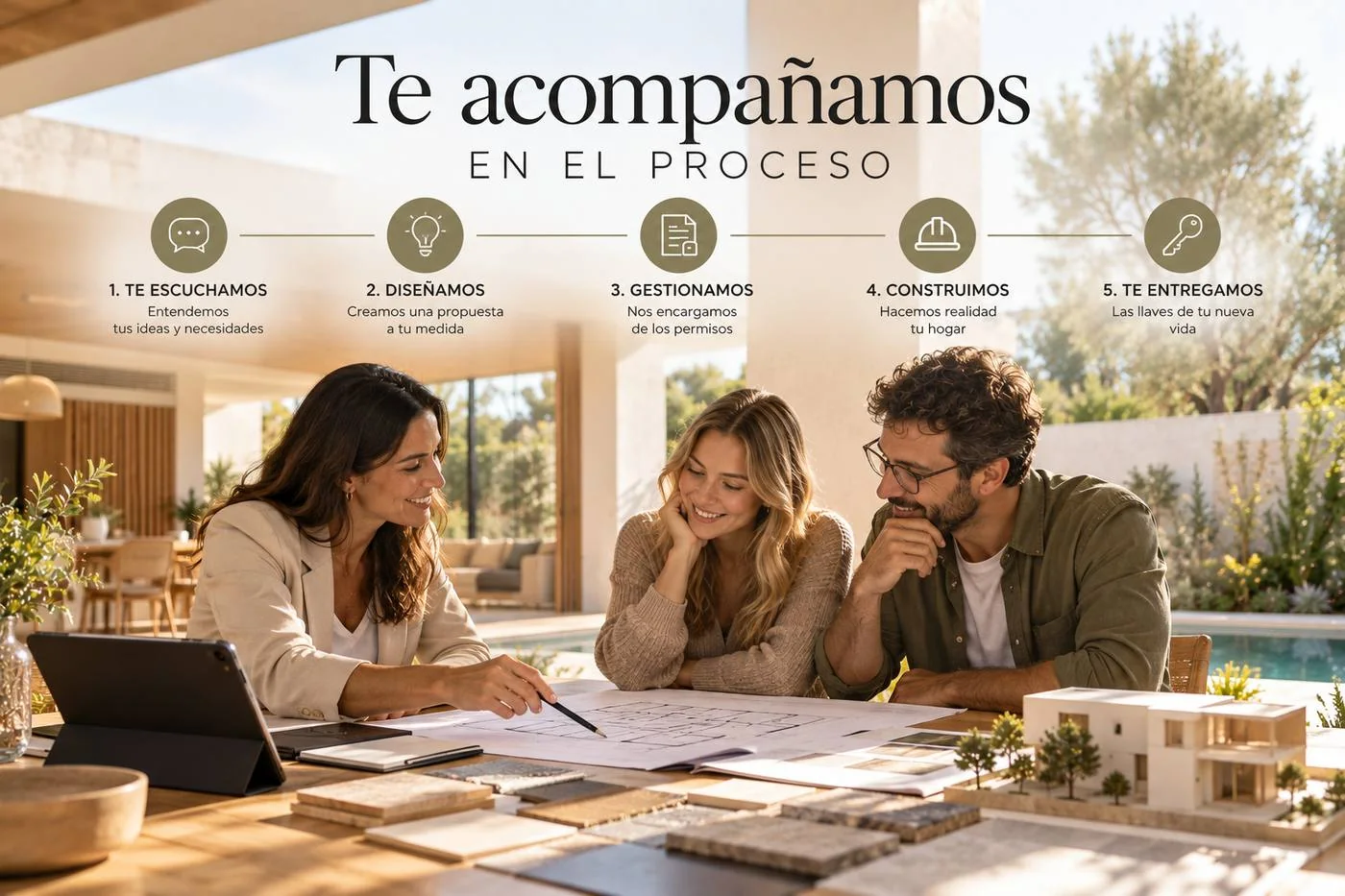 Te acompañamos en el proceso: 1 te escuchamos, 2 diseñamos, 3 gestionamos los permisos, 4 construimos, 5 te entregamos las llaves